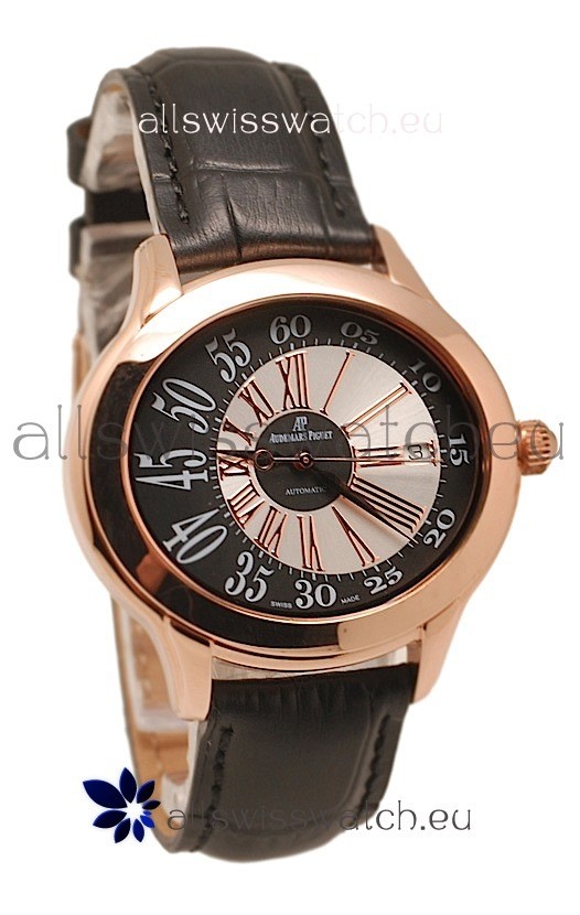 Audemars Piguet Millenary Hour and Minute&nbsp;Swiss Replica Rose Gold Watch in Black Strap