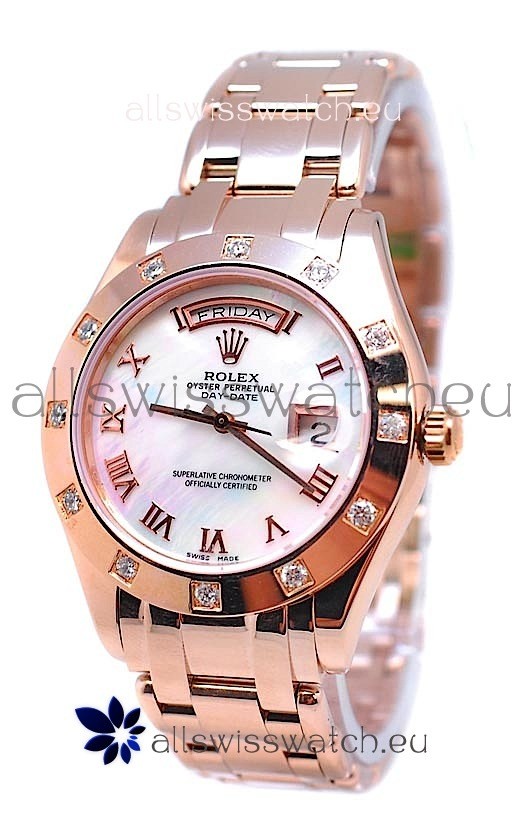 Rolex Day Date White Mother of Pearl Swiss Replica Watch in Roman Markers