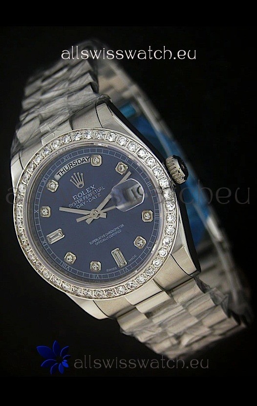 Rolex Day Date Just swiss&nbsp;Replica Blue Watch in Full Diamond Bezel