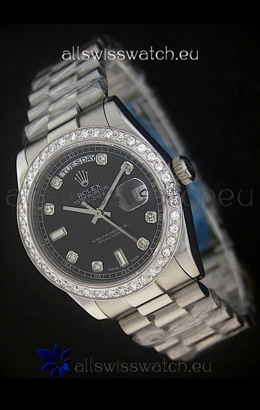 Rolex Day Date Just swiss&nbsp;Replica Black Watch in Full Diamond Bezel