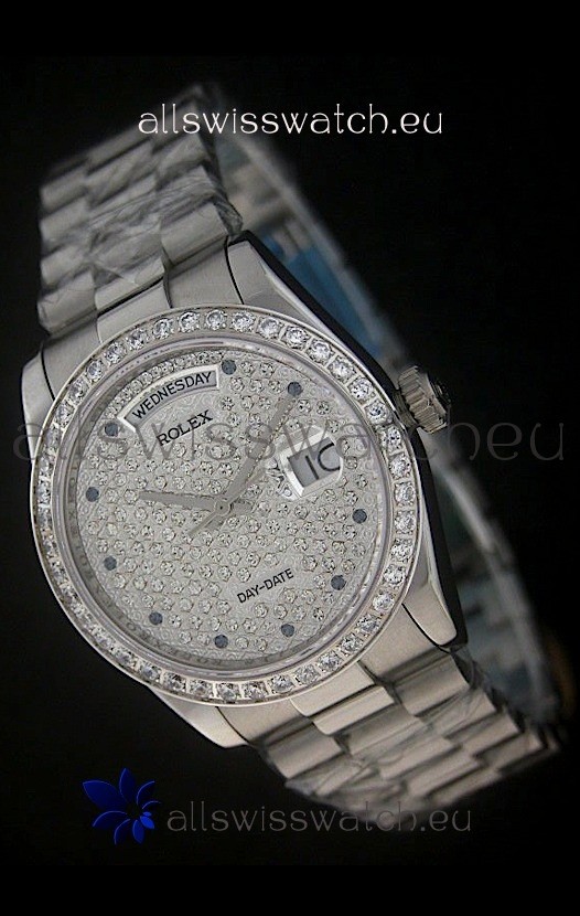 Rolex Day Date Just swiss&nbsp;Replica Watch in Full Diamonds Dial 