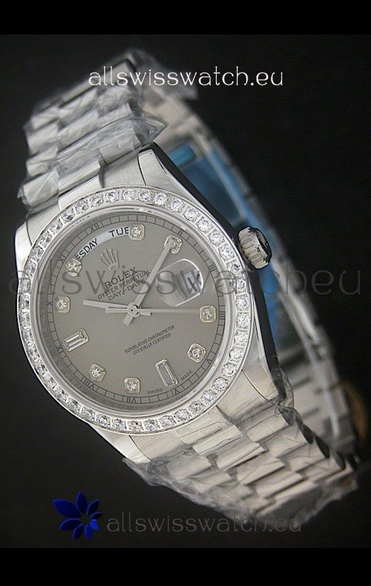 Rolex Day Date Just swiss&nbsp;Replica Grey Watch in Full Diamond Bezel
