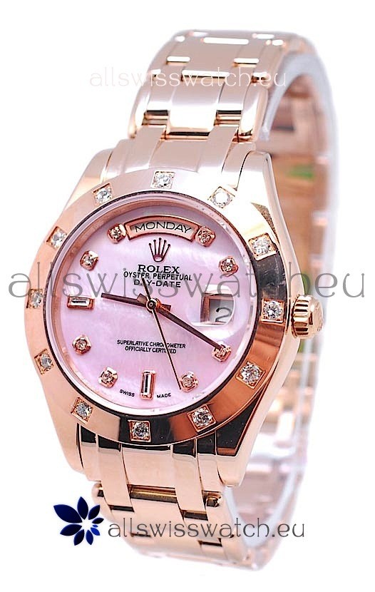 Rolex Day Date Pink Mother of Pearl swiss Replica Watch in Diamond Markers